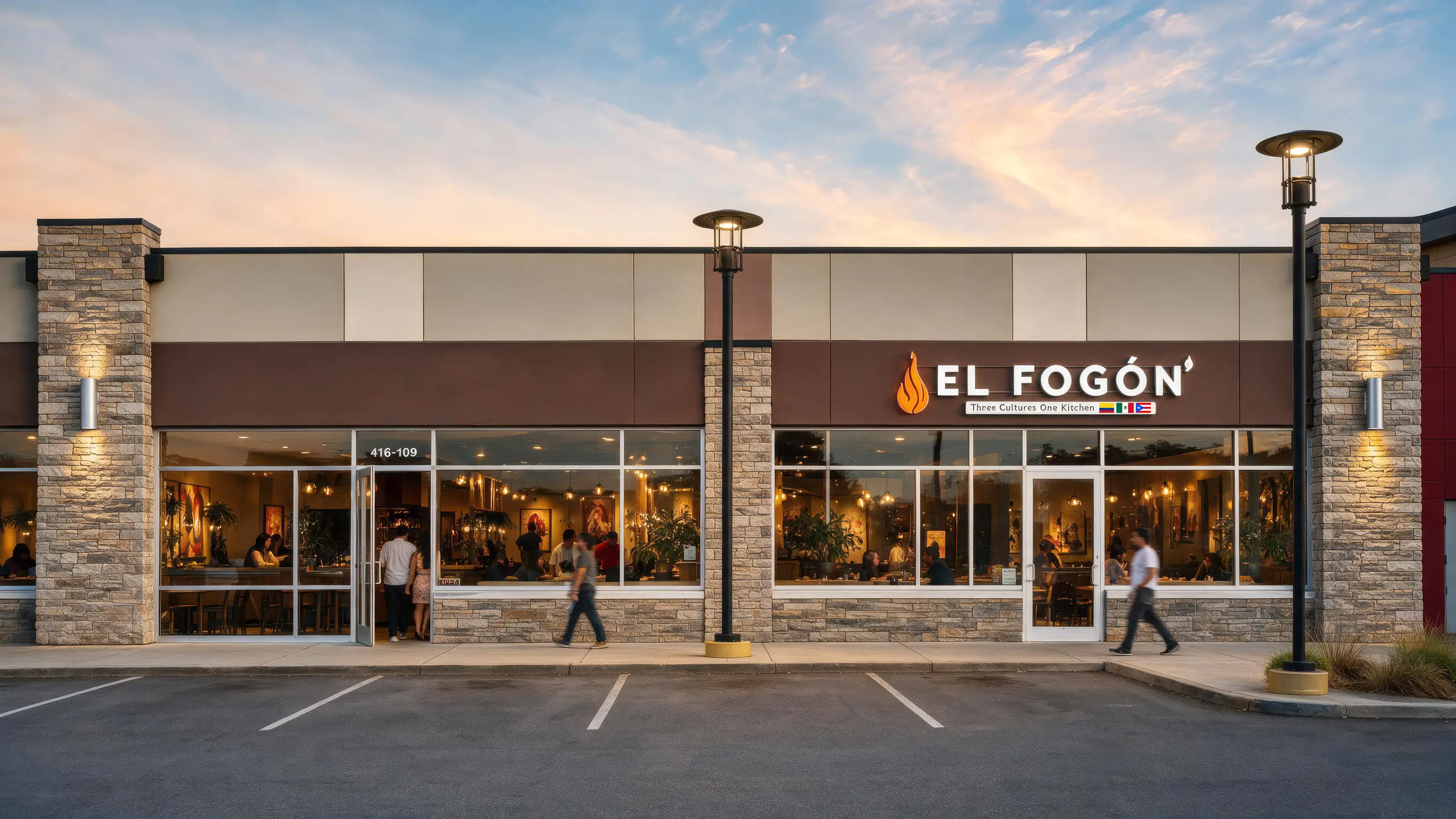 The El Fogón storefront in Newport News at dusk